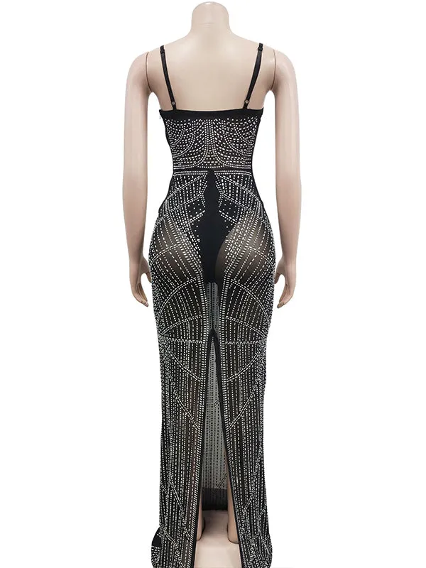 Momnfancy Diamond Mesh Rhinestone Slit Cami Spaghetti Straps Bodycon Elegant Evening Gown Maternity Photoshoot Baby Shower Maxi Dress