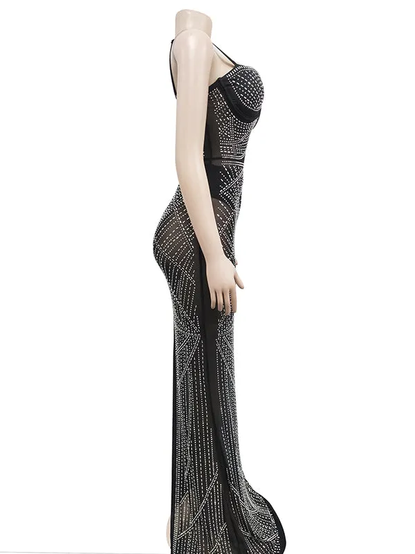 Momnfancy Diamond Mesh Rhinestone Slit Cami Spaghetti Straps Bodycon Elegant Evening Gown Maternity Photoshoot Baby Shower Maxi Dress