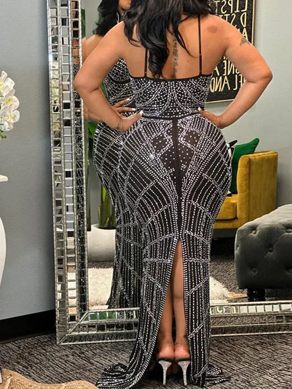 Momnfancy Diamond Mesh Rhinestone Slit Cami Spaghetti Straps Bodycon Elegant Evening Gown Maternity Photoshoot Baby Shower Maxi Dress