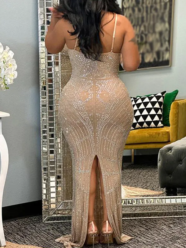 Momnfancy Diamond Mesh Rhinestone Slit Cami Spaghetti Straps Bodycon Elegant Evening Gown Maternity Photoshoot Baby Shower Maxi Dress