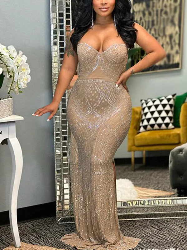 Momnfancy Diamond Mesh Rhinestone Slit Cami Spaghetti Straps Bodycon Elegant Evening Gown Maternity Photoshoot Baby Shower Maxi Dress