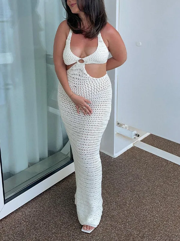 Momnfancy White Off Shoulder Knit Coverup Dress Mesh Bodycon Beach Hollow Cut Out Maternity Maxi Dress