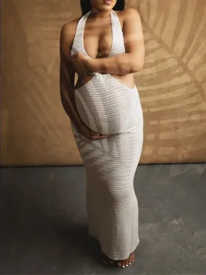 Momnfancy White Off Shoulder Knit Coverup Dress Mesh Bodycon Beach Hollow Cut Out Maternity Maxi Dress