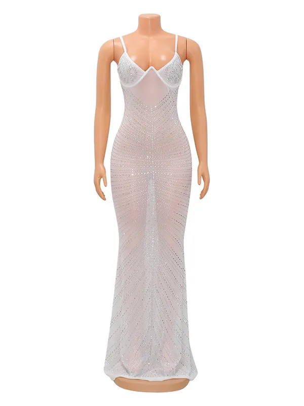 Momnfancy White Rhinestone Mesh Spaghetti Strap Elegant Bodycon Evening Photoshoot Gown Maternity Maxi Dress