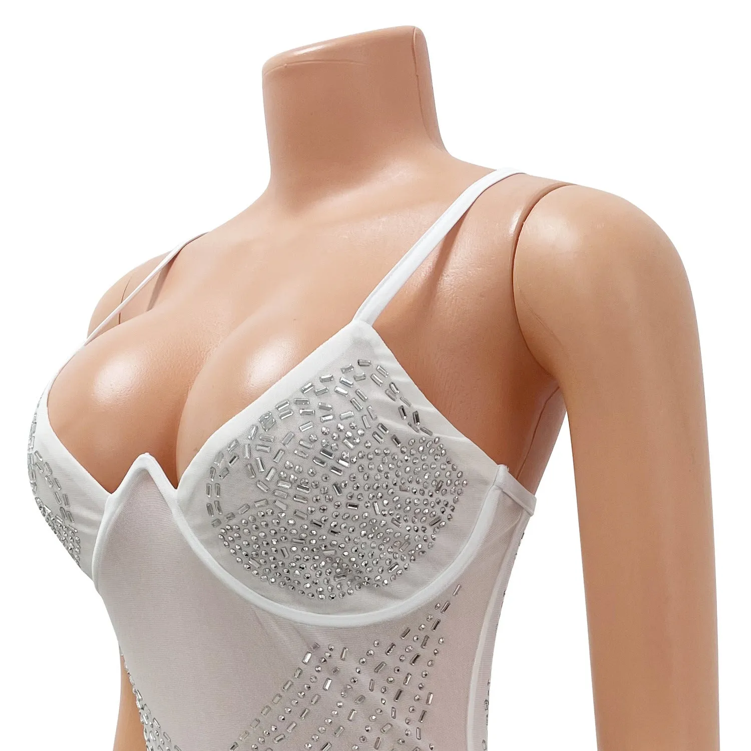 Momnfancy White Rhinestone Mesh Spaghetti Strap Elegant Bodycon Evening Photoshoot Gown Maternity Maxi Dress