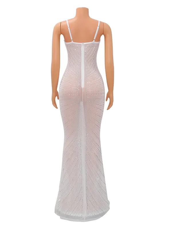Momnfancy White Rhinestone Mesh Spaghetti Strap Elegant Bodycon Evening Photoshoot Gown Maternity Maxi Dress