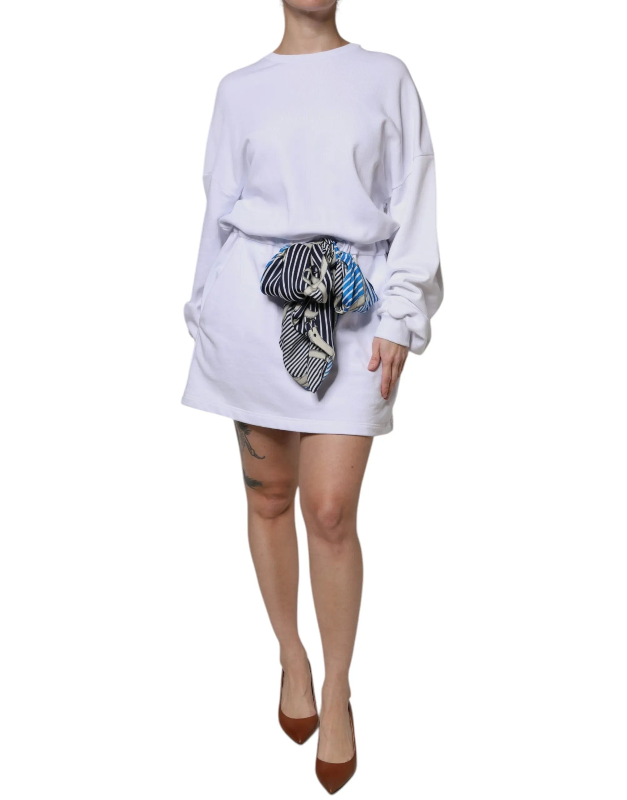 MSGM Women White Dress 100% Cotton Solid Long Sleeves Mini Bodycon Size IT 40 S
