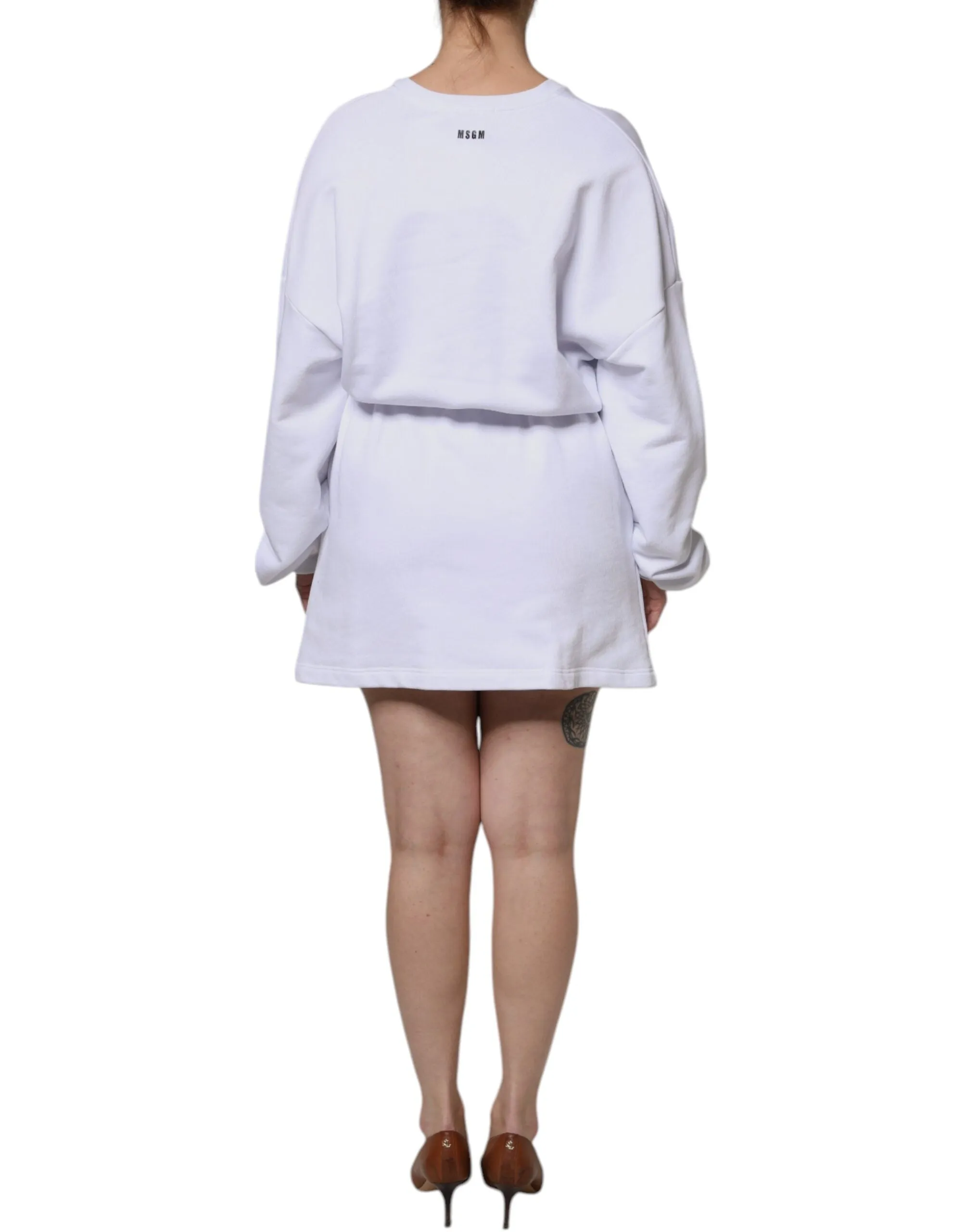 MSGM Women White Dress 100% Cotton Solid Long Sleeves Mini Bodycon Size IT 40 S