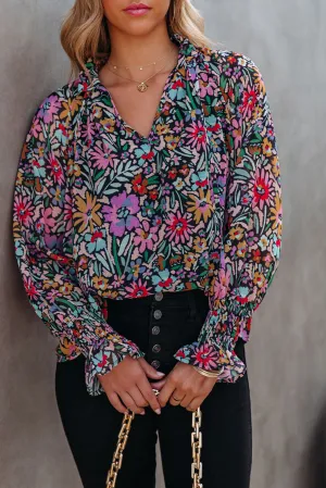 Multicolor Floral Long Sleeve V-Neck Blouse