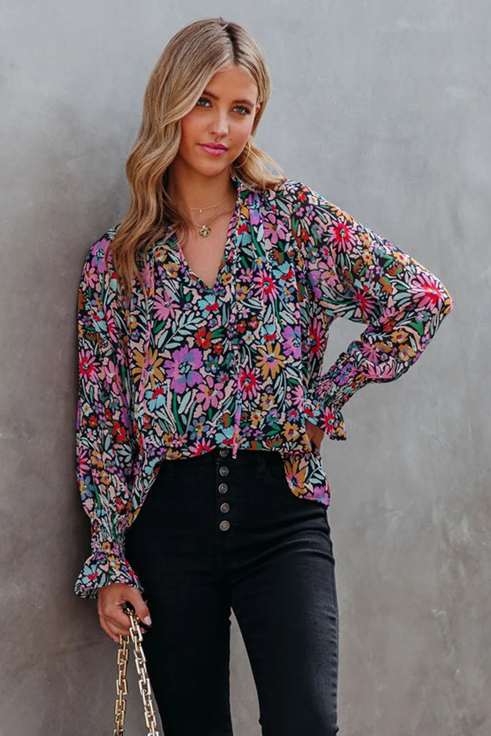 Multicolor Floral Long Sleeve V-Neck Blouse