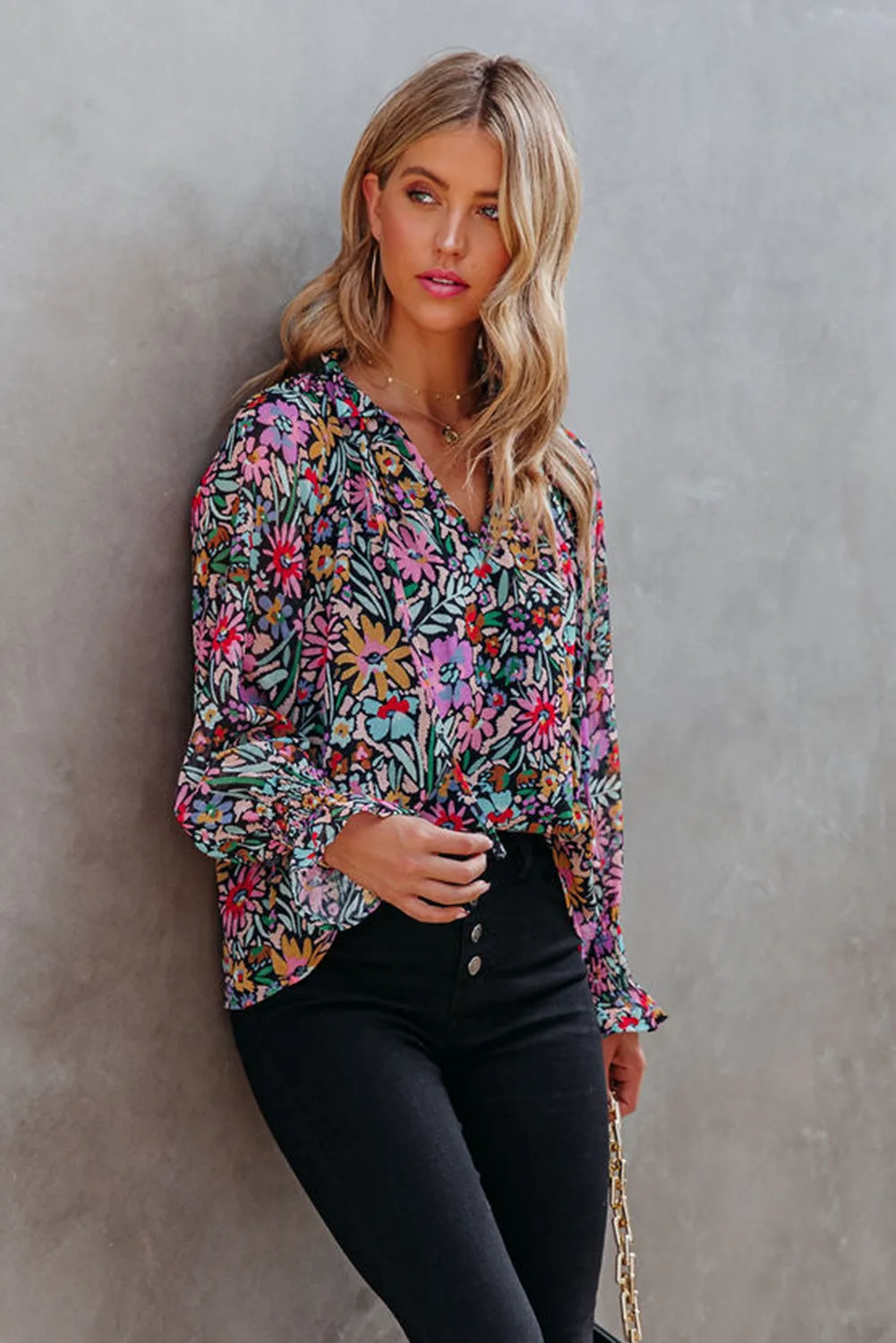 Multicolor Floral Long Sleeve V-Neck Blouse