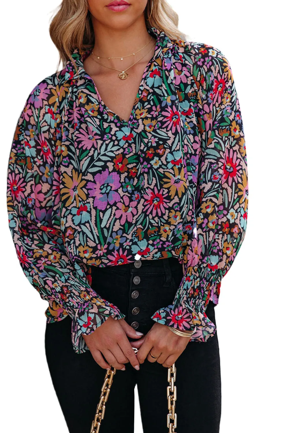 Multicolor Floral Long Sleeve V-Neck Blouse