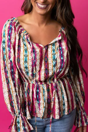 Multicolour Western Aztec Drawstring Neck Peplum Blouse