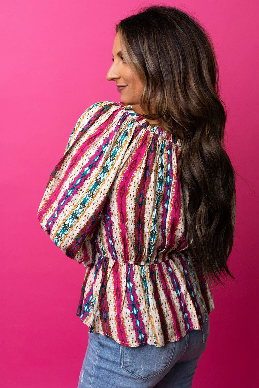 Multicolour Western Aztec Drawstring Neck Peplum Blouse