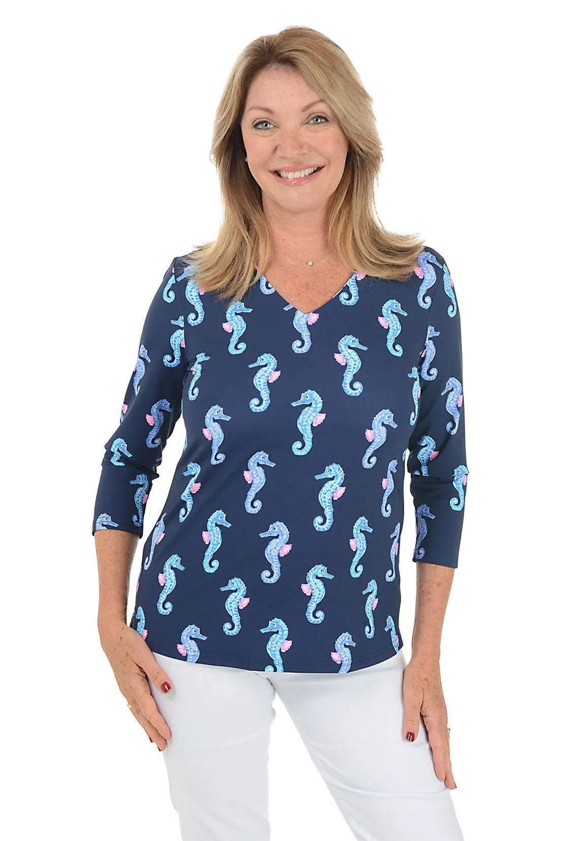 Navy Seahorses UPF50  V-Neck Top