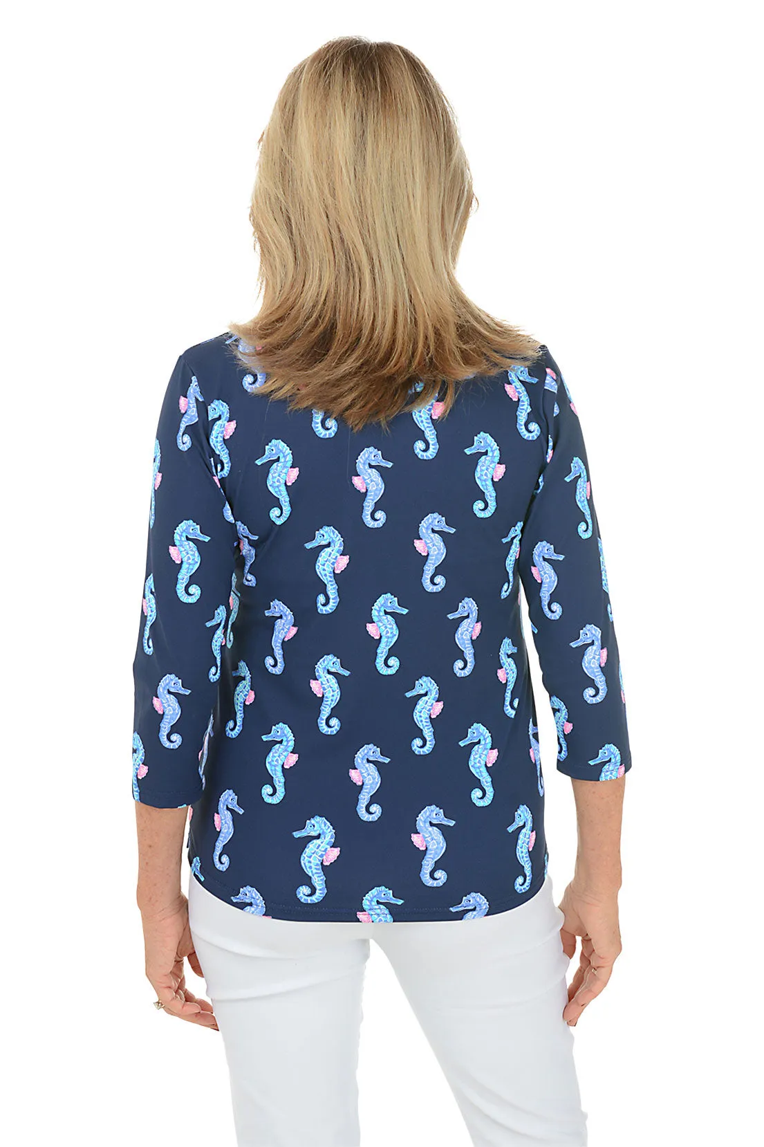 Navy Seahorses UPF50  V-Neck Top