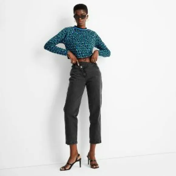 NEW  Future Collective Black High-Rise Overlap Waist Straight Leg Jeans Size 6