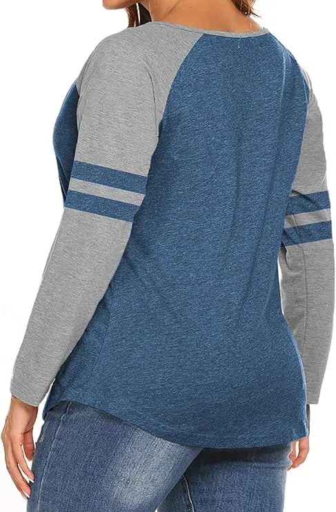 NEW VISLILY Plus-Size Tops for Women Long Sleeve V Neck T Shirts Raglan Tees, Blue, Sz 22W