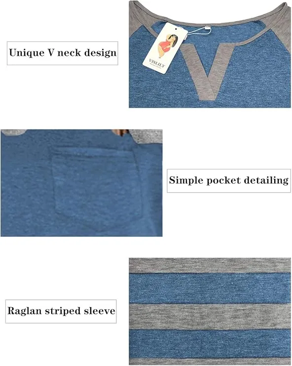 NEW VISLILY Plus-Size Tops for Women Long Sleeve V Neck T Shirts Raglan Tees, Blue, Sz 22W