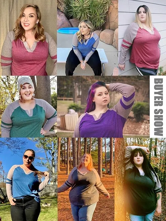 NEW VISLILY Plus-Size Tops for Women Long Sleeve V Neck T Shirts Raglan Tees, Blue, Sz 22W