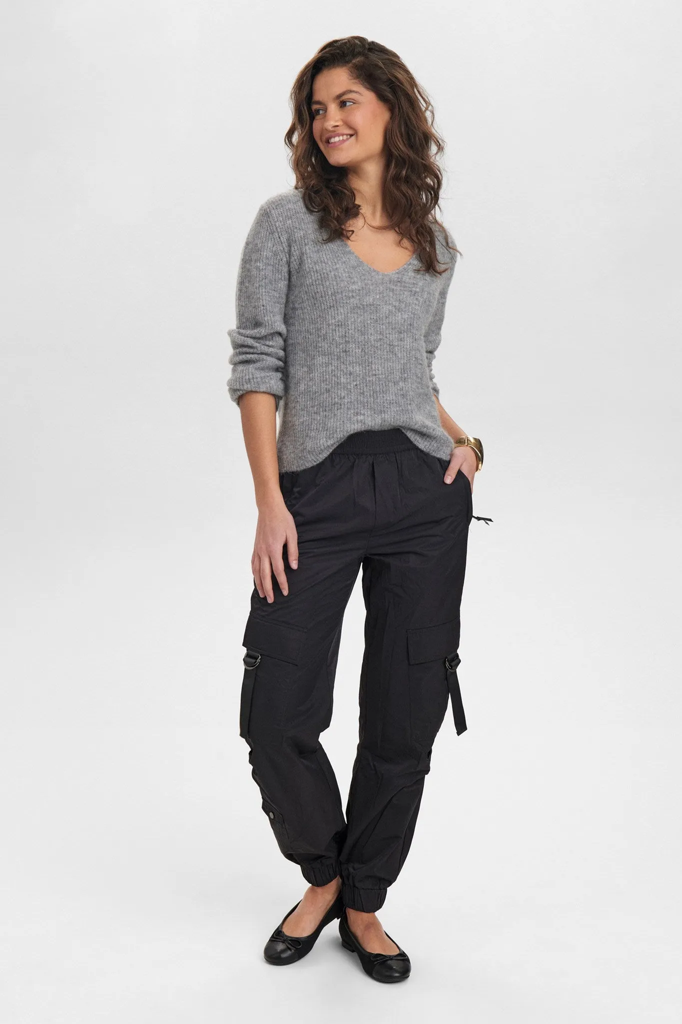 NURIETTE RIB V-NECK PULLOVER - Medium Grey mel