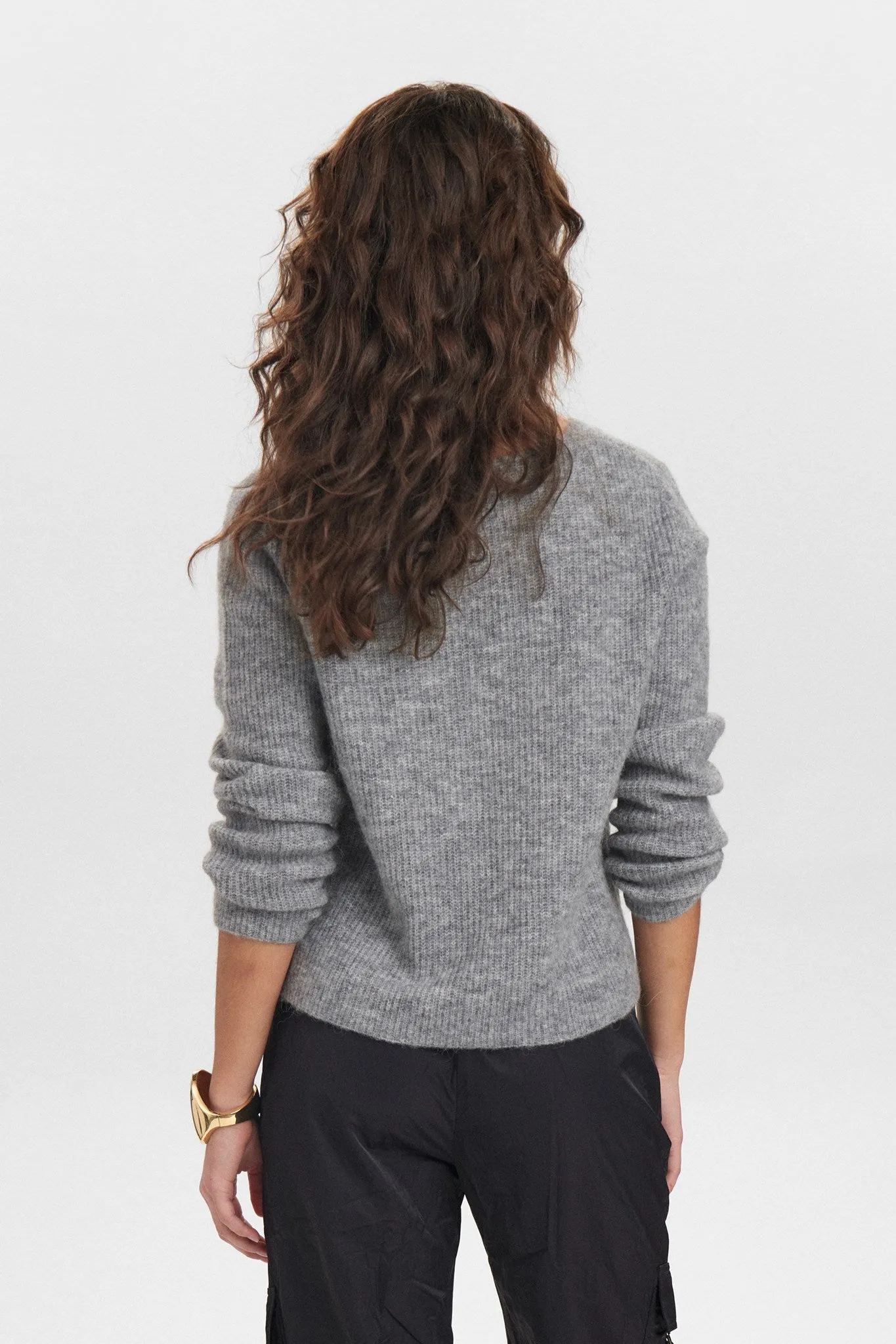 NURIETTE RIB V-NECK PULLOVER - Medium Grey mel