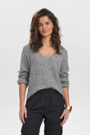 NURIETTE RIB V-NECK PULLOVER - Medium Grey mel
