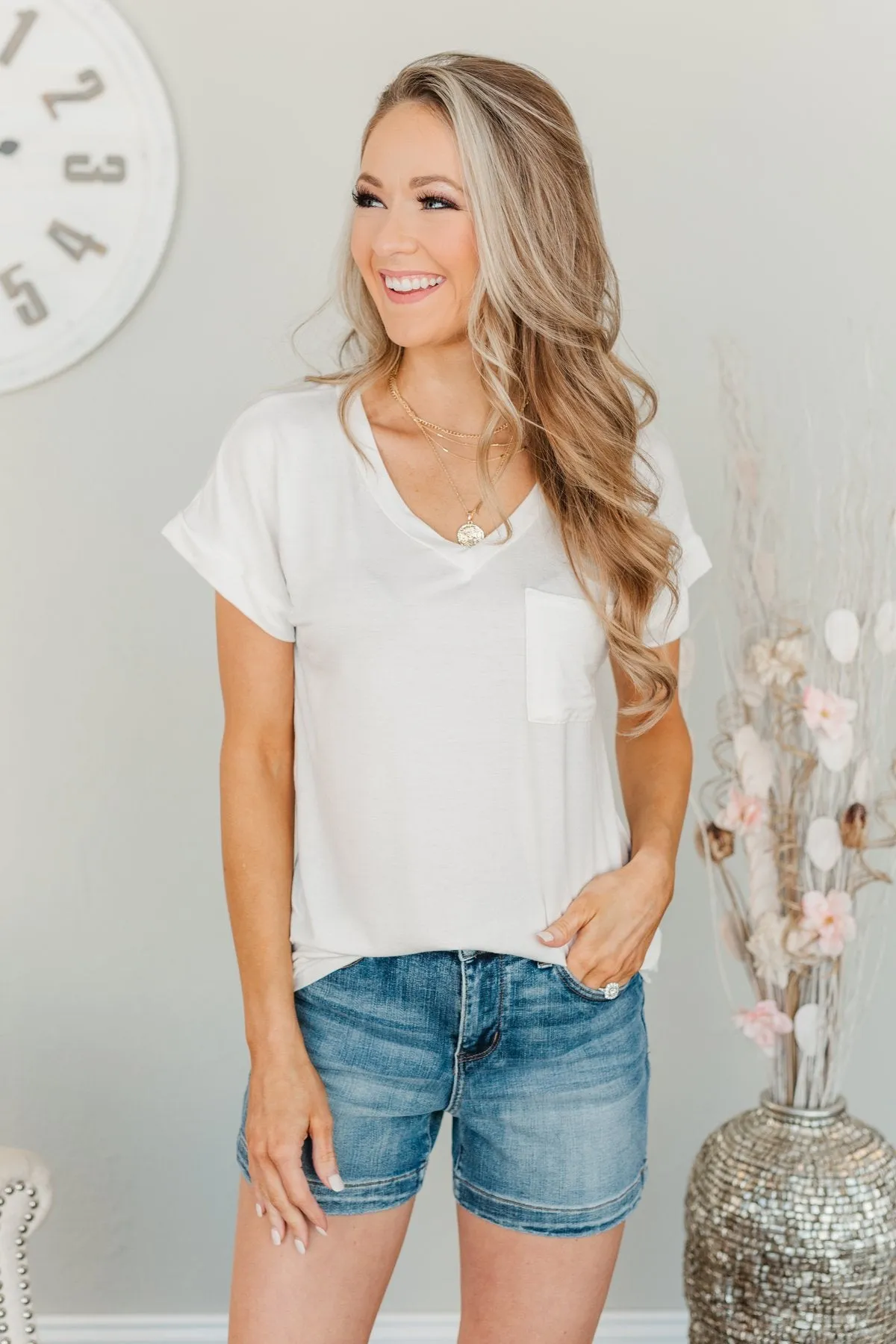 On My Own V-Neck Pocket Top- Off-White