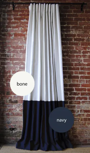 One Pair 102" Color Block Linen Panels, Knife Pleat, Color: Bone and Navy