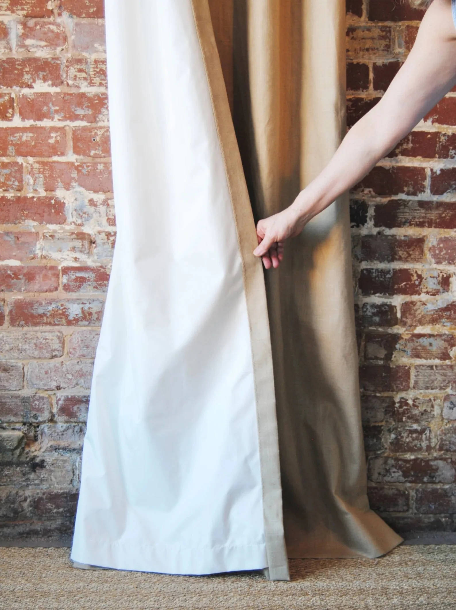 One Pair 102" Color Block Linen Panels, Knife Pleat, Color: Bone and Navy