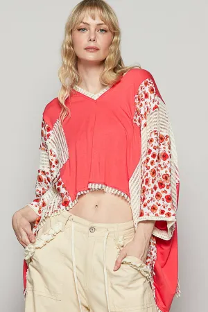 Peach Echo V-neck drop shoulder print fabric contrast knit POL top