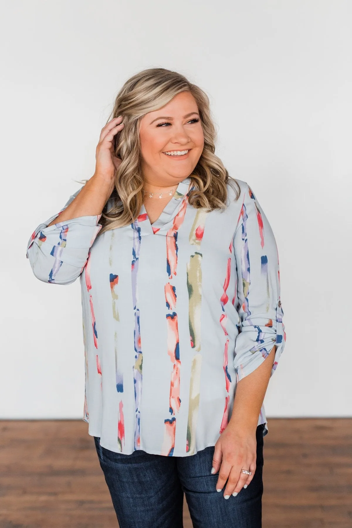 Perfectly Poise Printed V-Neck Top- Light Blue