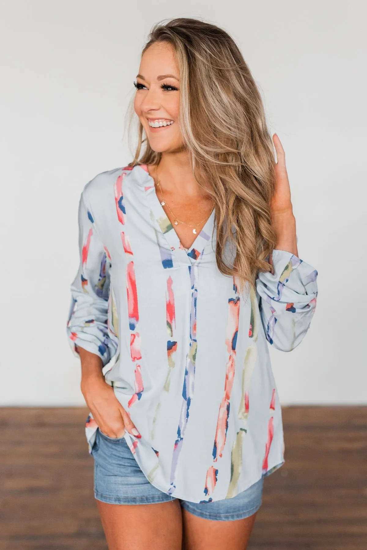 Perfectly Poise Printed V-Neck Top- Light Blue