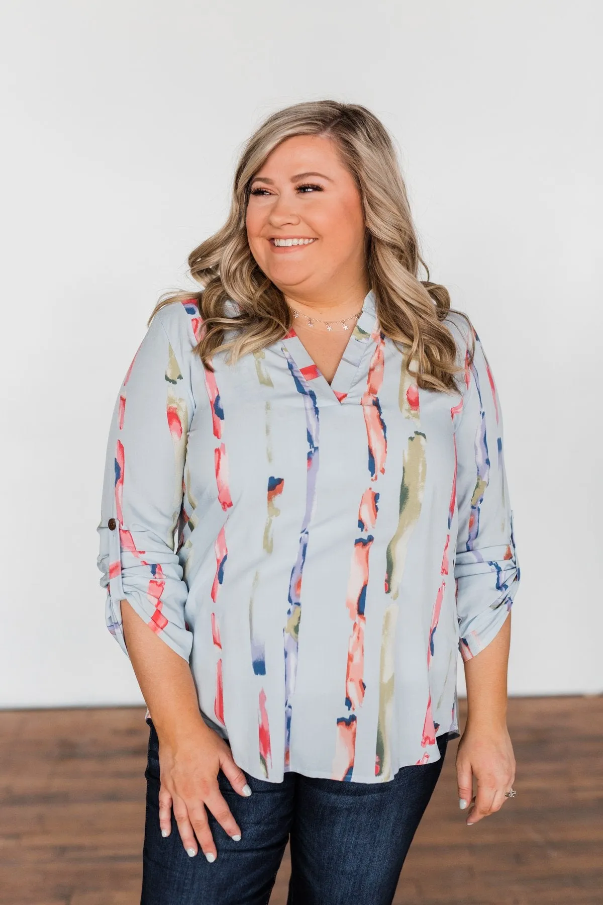 Perfectly Poise Printed V-Neck Top- Light Blue