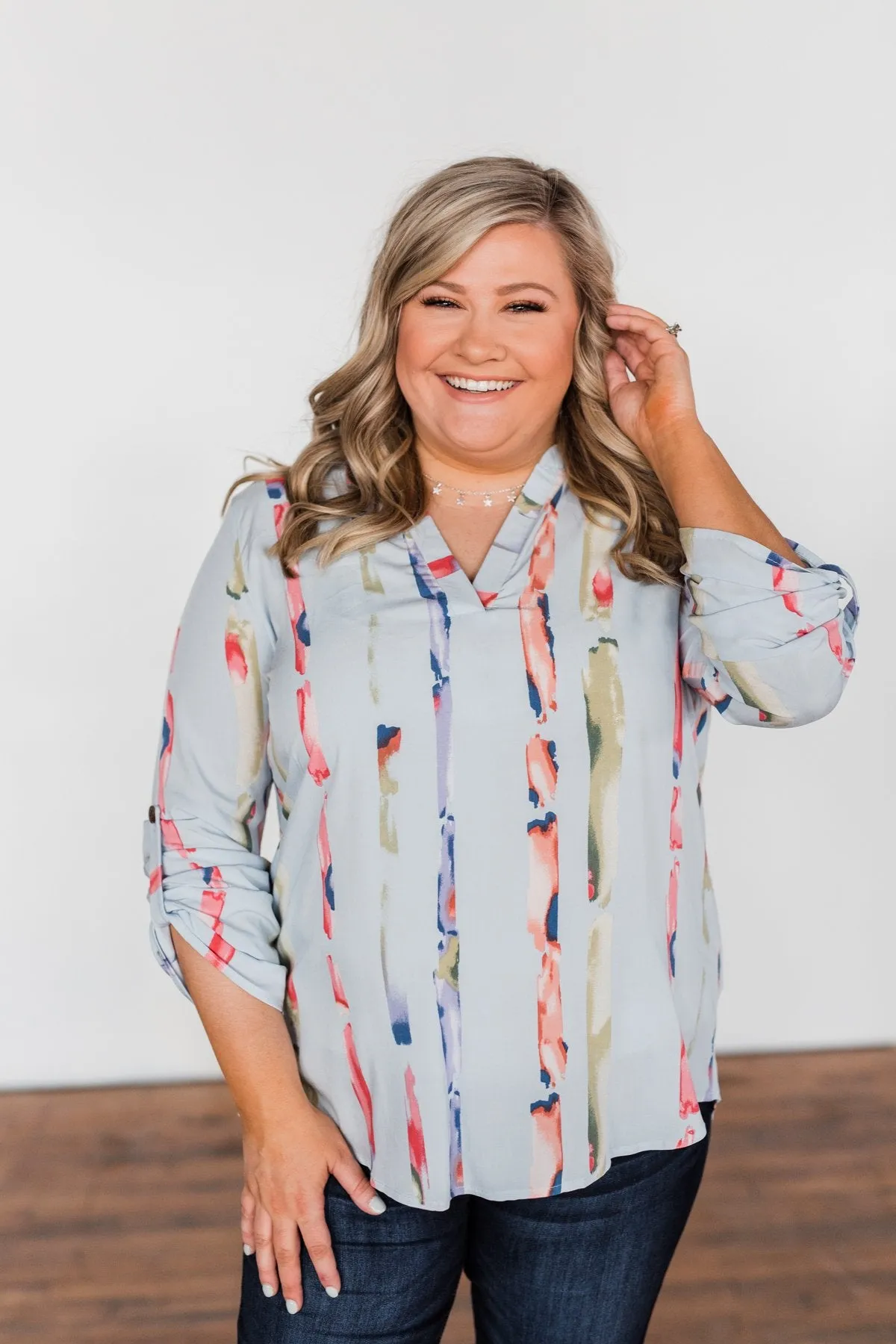 Perfectly Poise Printed V-Neck Top- Light Blue