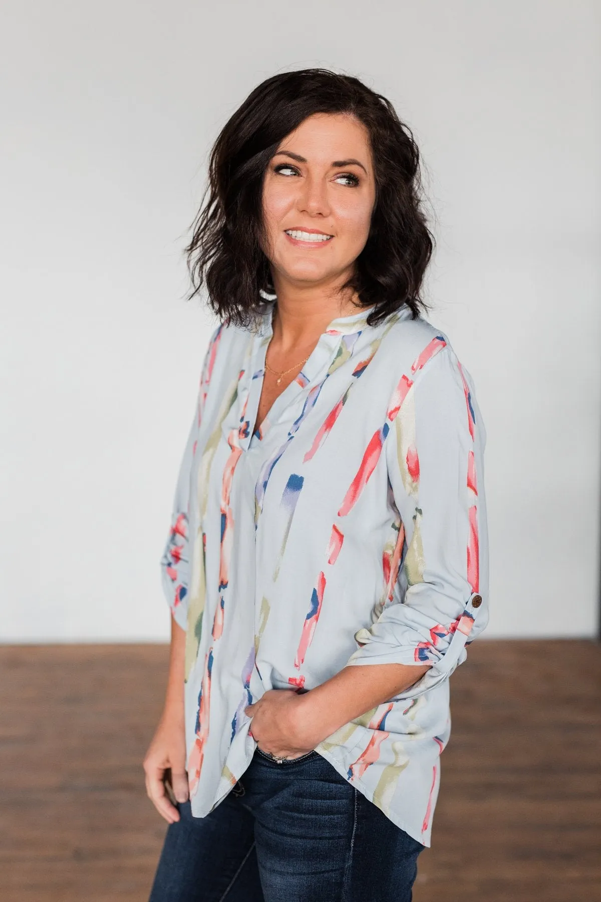 Perfectly Poise Printed V-Neck Top- Light Blue