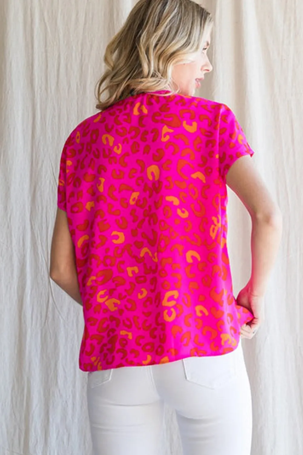 Pink Leopard V Neck Short Sleeve Blouse
