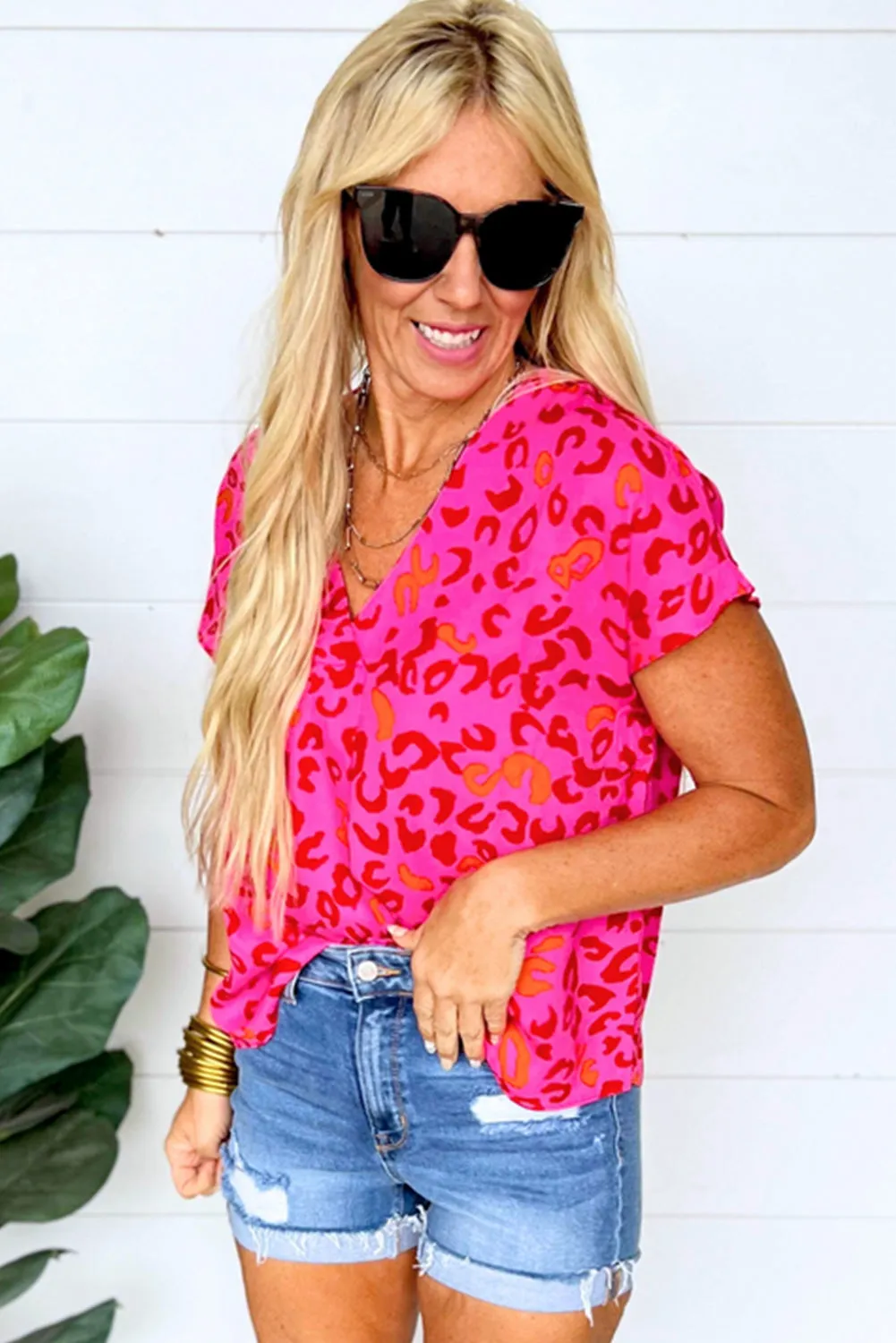 Pink Leopard V Neck Short Sleeve Blouse
