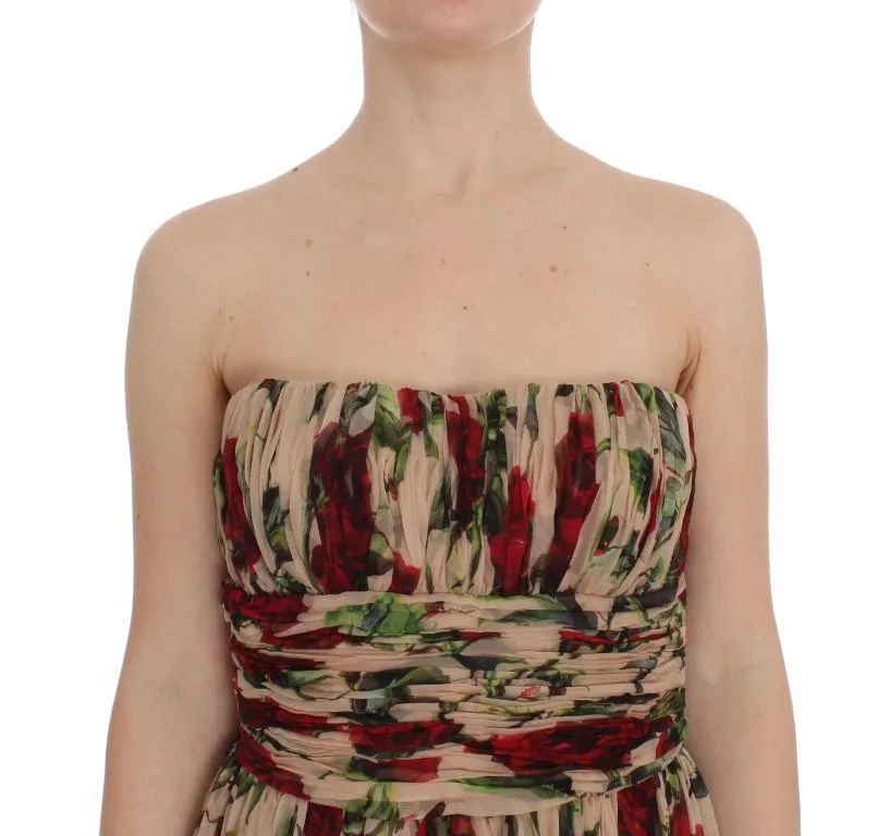 Pink Red Roses Silk Long Shift Dress