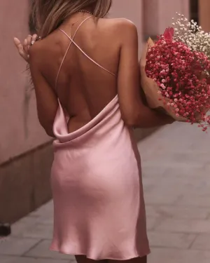 Pink Silk Satin Backless Party Mini Dresses