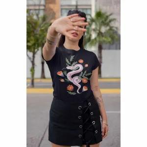 Pink Snake with Red-Orange Flowers Black T-Shirt, Unisex Jersey Short Sleeve Tee
