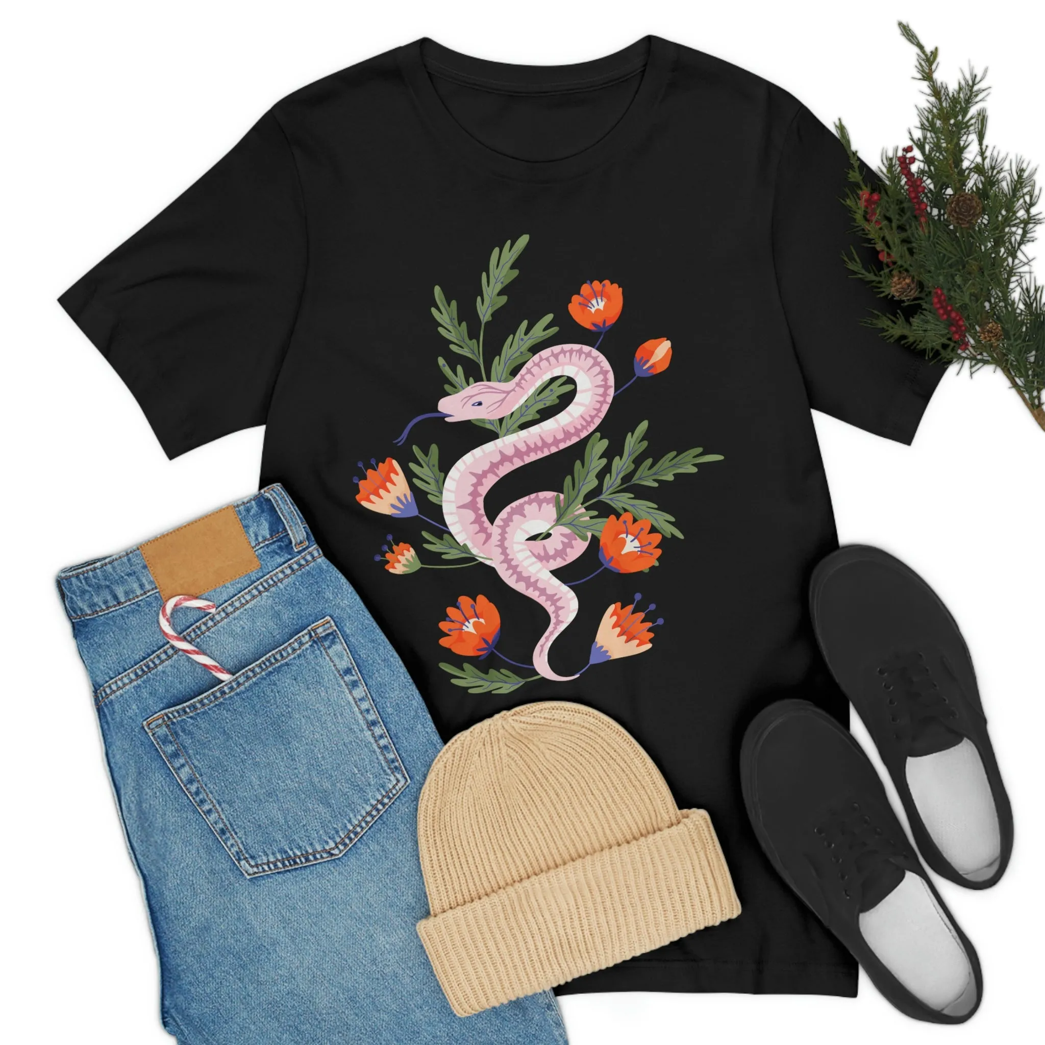 Pink Snake with Red-Orange Flowers Black T-Shirt, Unisex Jersey Short Sleeve Tee