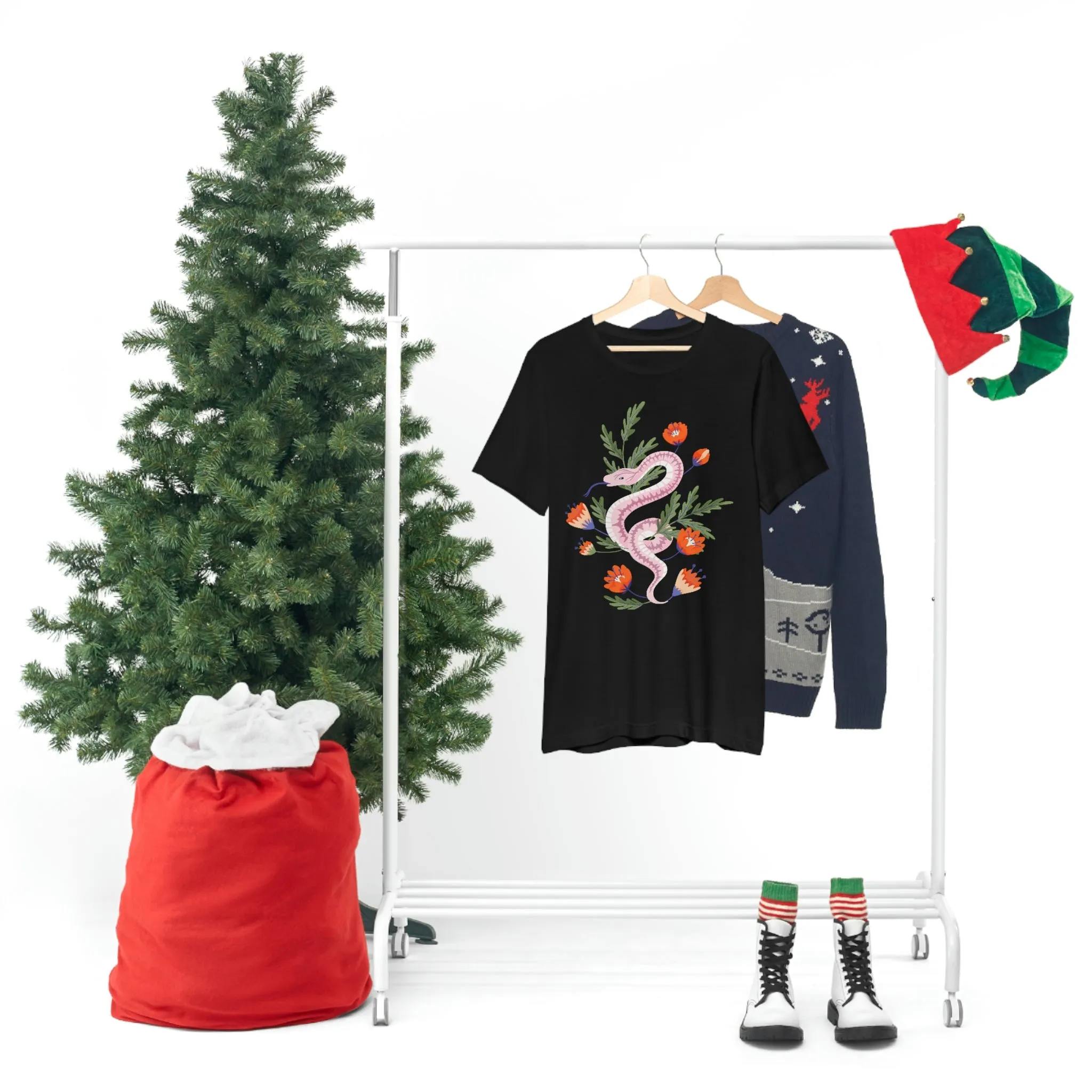 Pink Snake with Red-Orange Flowers Black T-Shirt, Unisex Jersey Short Sleeve Tee
