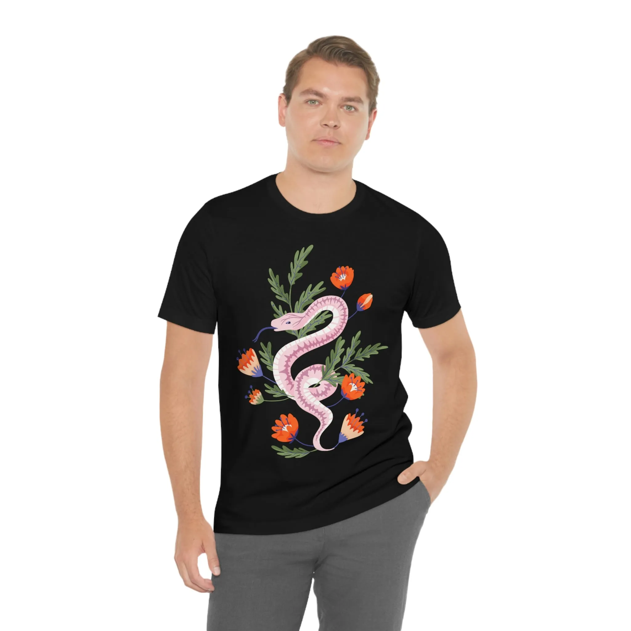 Pink Snake with Red-Orange Flowers Black T-Shirt, Unisex Jersey Short Sleeve Tee