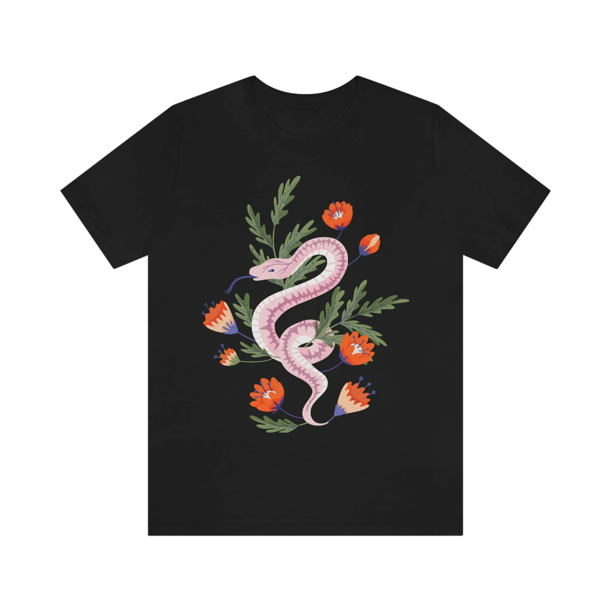 Pink Snake with Red-Orange Flowers Black T-Shirt, Unisex Jersey Short Sleeve Tee