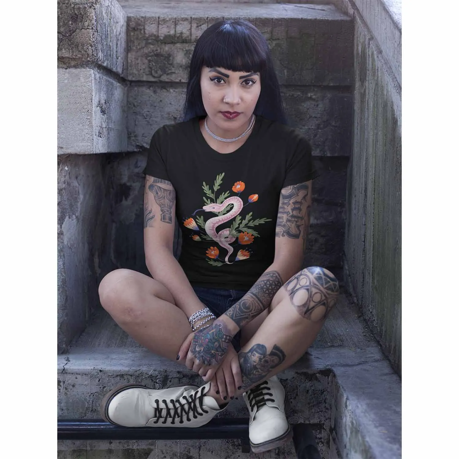 Pink Snake with Red-Orange Flowers Black T-Shirt, Unisex Jersey Short Sleeve Tee