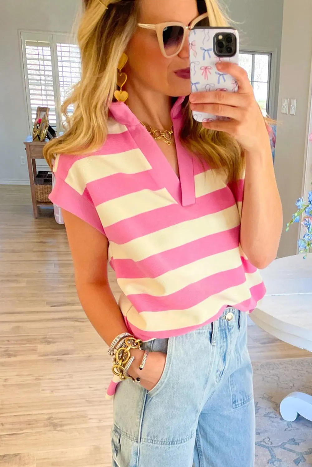 Pink Stripe V Neck Collared Cap Sleeve Top