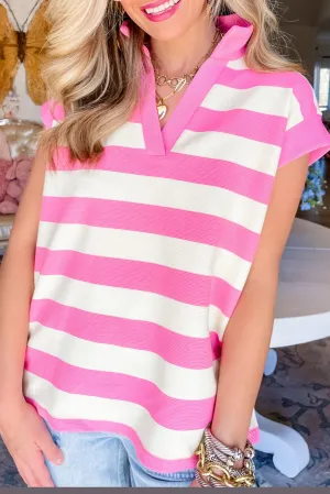 Pink Stripe V Neck Collared Cap Sleeve Top