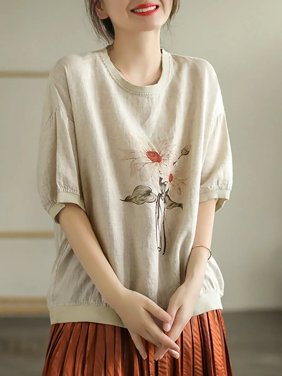 Plus Size Women Linen Casual Summer Flower Short Sleeve T-Shirt
