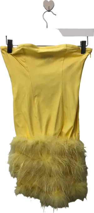 PrettyLittleThing Yellow Faux Feather Detail Bandeau Bodycon Dress UK 4